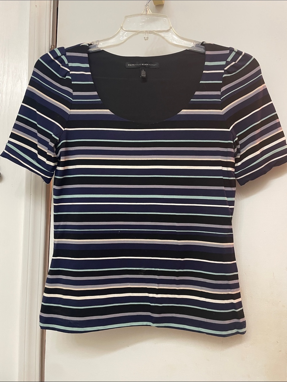 White House Black Market Navy Striped Scoop Neck Short Sleeve Tee